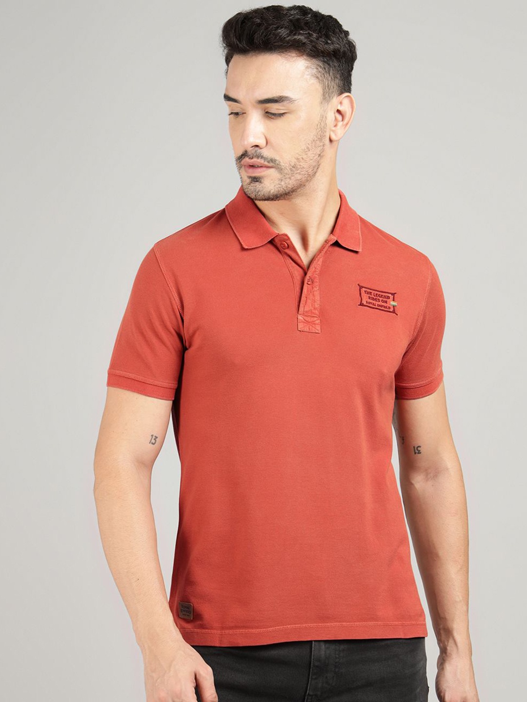 

Royal Enfield Men Solid Polo Collar Cotton T-shirt, Red