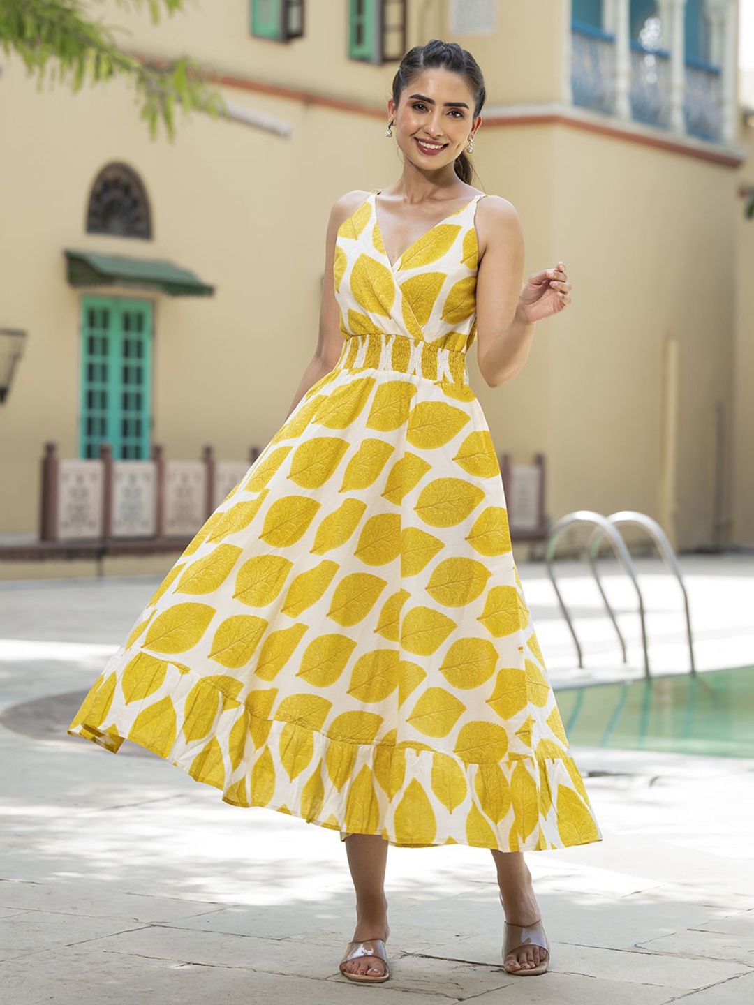 

Divena Tropical Printed Cotton Fit & Flare Midi Dress, Yellow