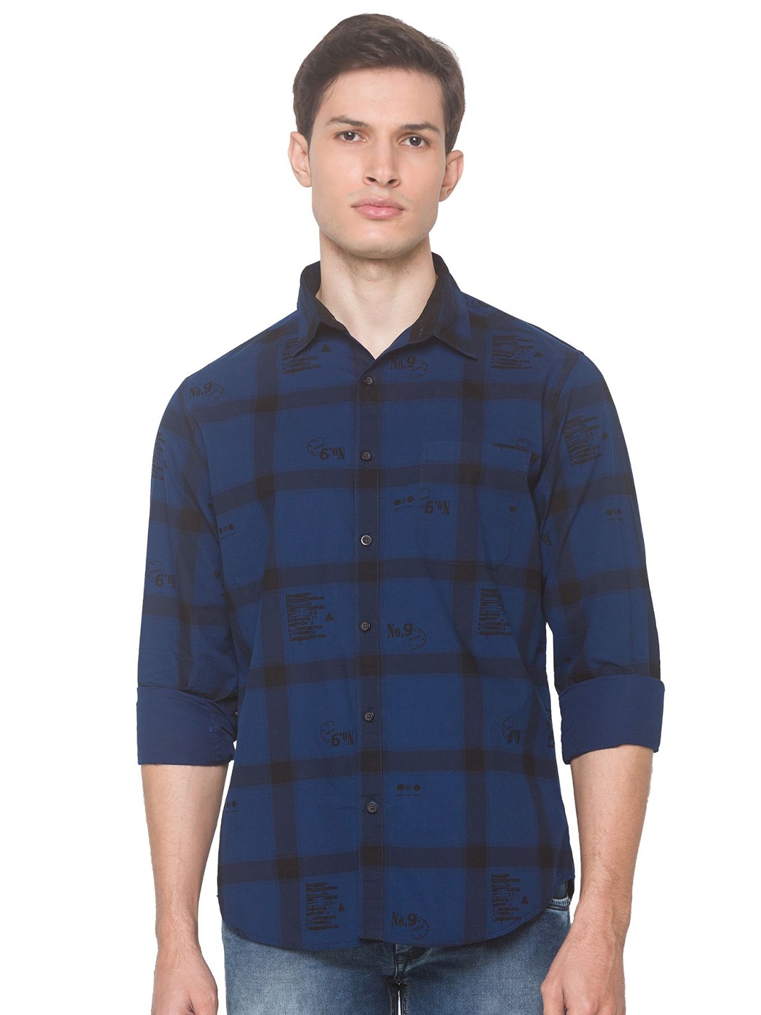 

SNX Men Spread Collar Buffalo Checked Cotton Casual Shirt, Navy blue