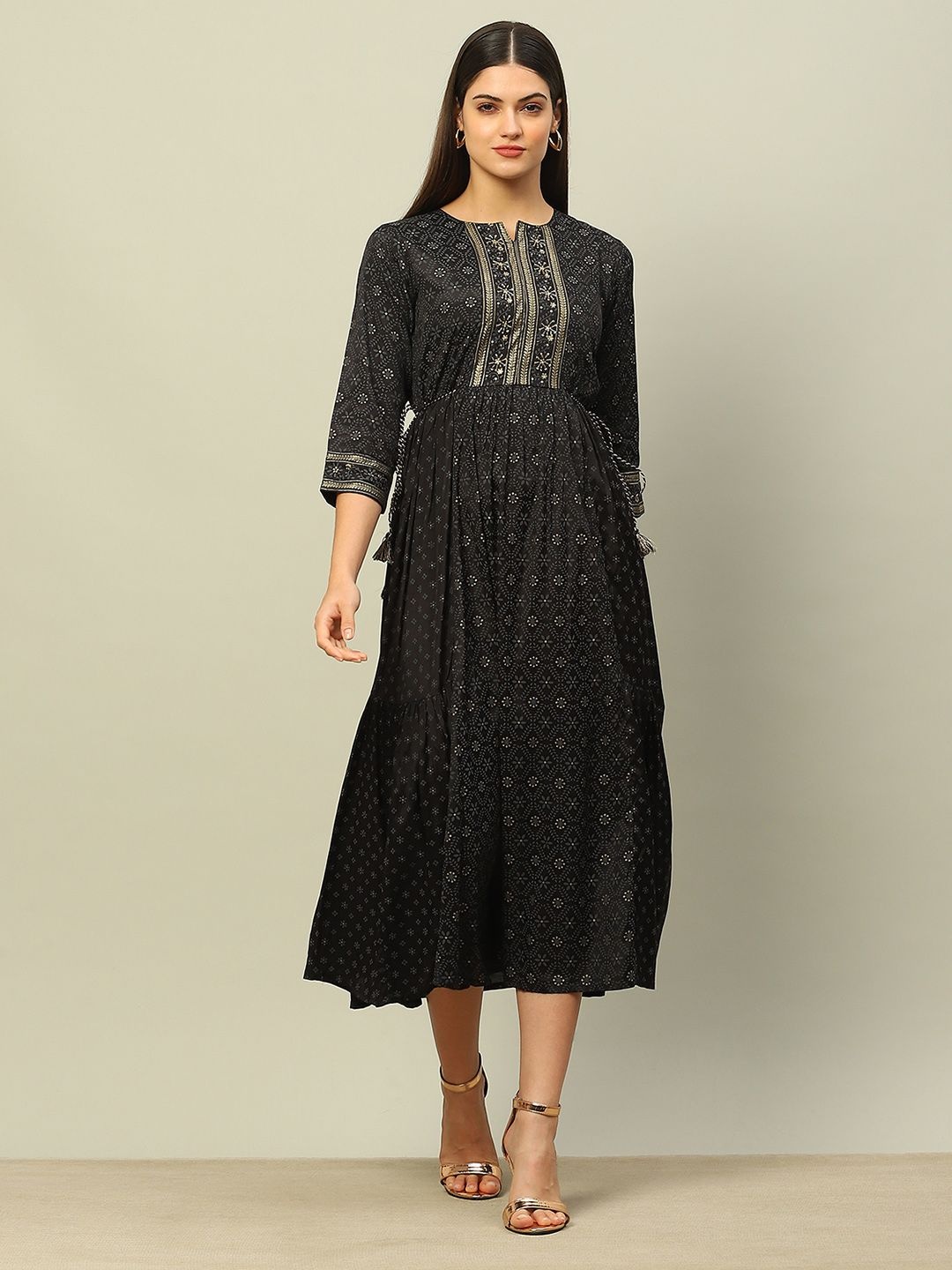 

Rangriti Ethnic Motifs Print Fit and Flare Dress, Black