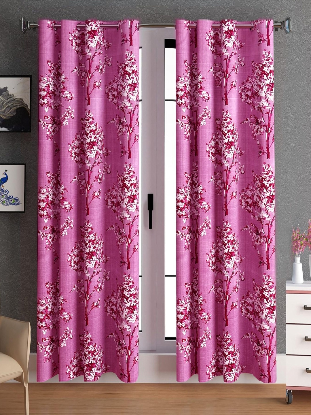 

Lunar Days Pink & White 2 Pieces Floral Room Darkening Long Door Curtains