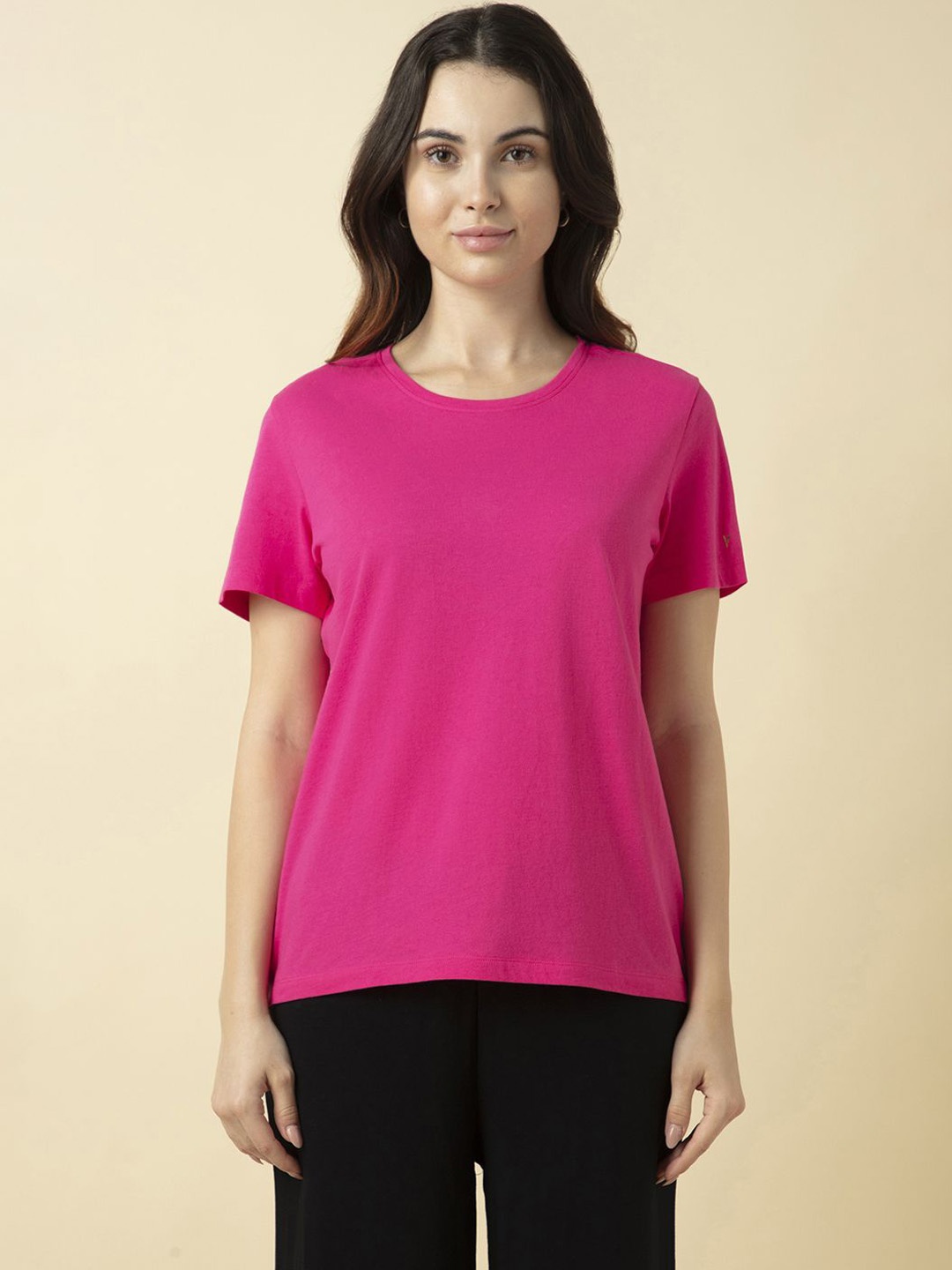 

Van Heusen Women Cotton Solid Relax Fit Lounge T Shirt, Fuchsia