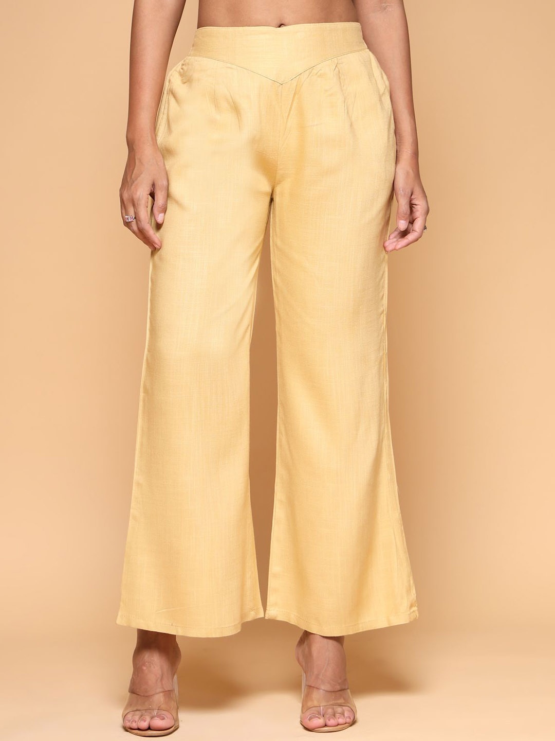 

KATLINE Women Relaxed Straight Leg Flared Cotton Trousers, Beige