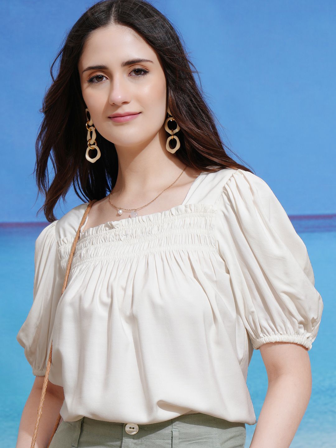 

Tokyo Talkies Women Solid A-Line Top, Off white