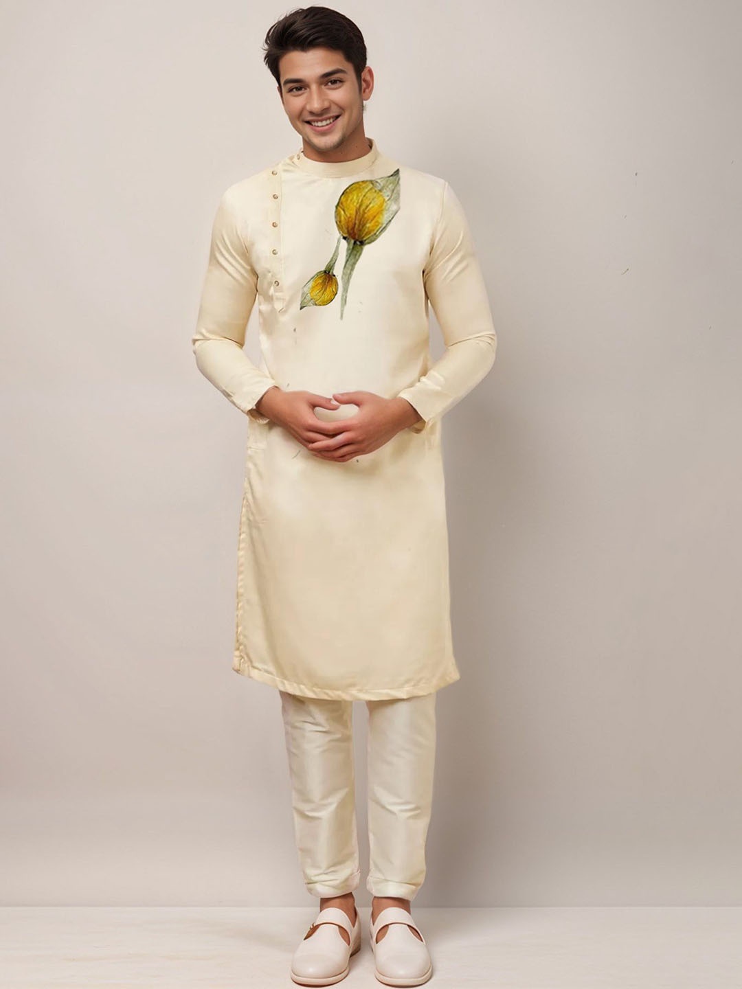 

DEVOILER Floral Printed Thread Work Mandarin Collar Side Placket Cotton Straight Kurta, Beige