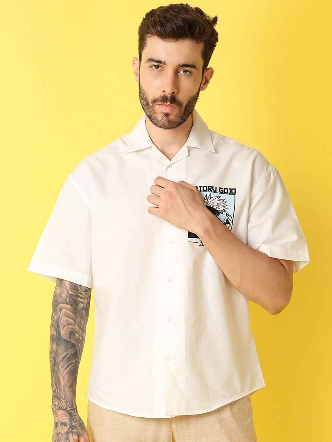 

V-Mart Men Spread Collar Graphic Printed Cotton Casual Shirt, Off white