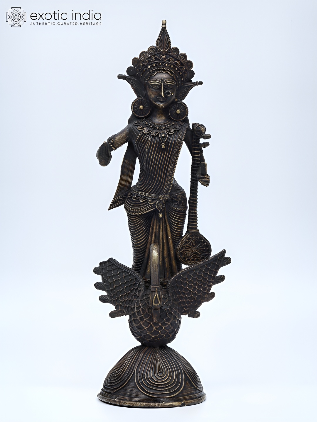 

Exotic India 14" Goddess Saraswati Standing on Swan Tribal Brass Statue, Black
