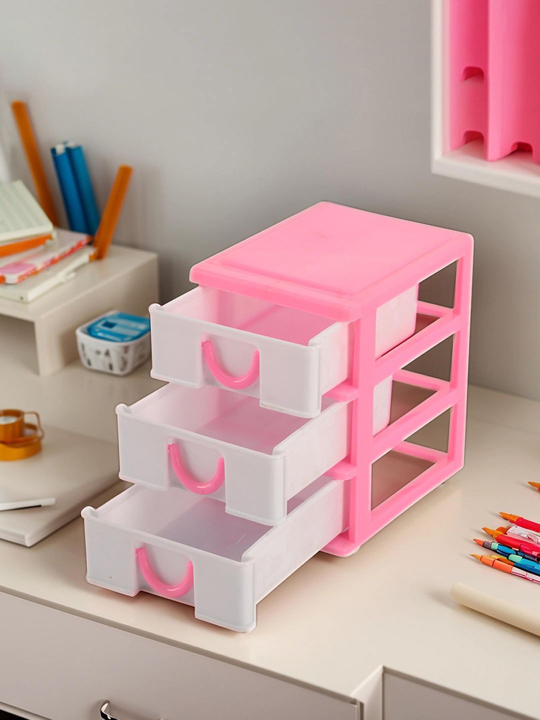 

Kuber Industries White & Pink 2 Pieces Reusable 3-Layer Storage Drawer Organiser