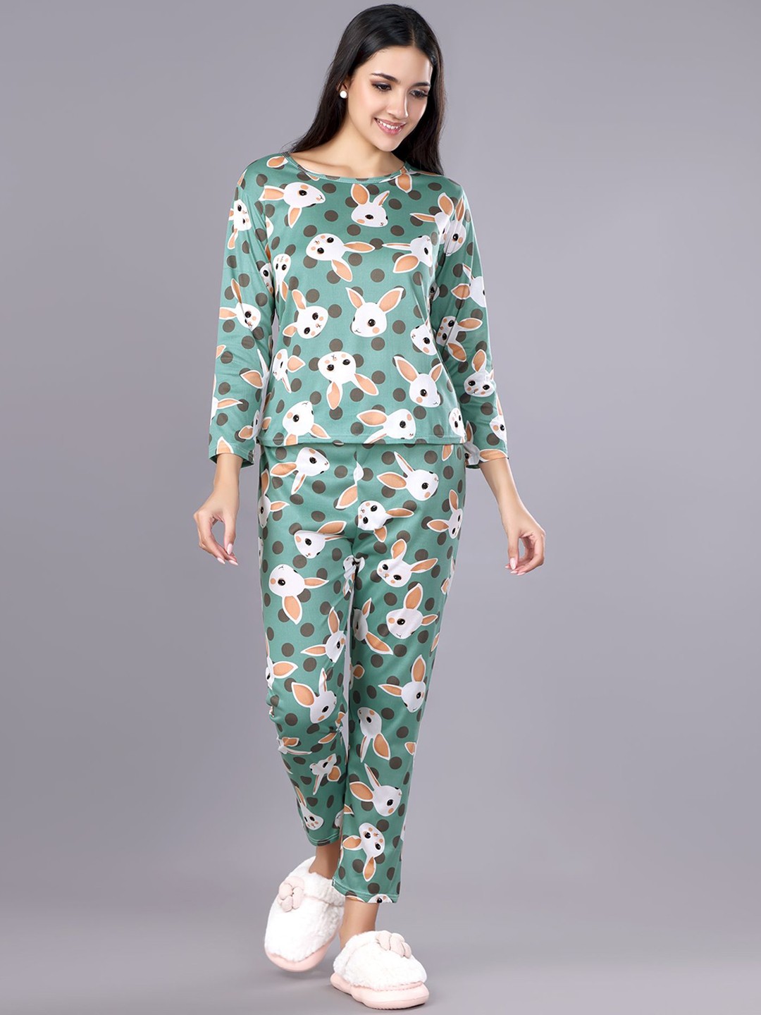 

ANSEE by Addery Women Cotton Printed Night suit, Green