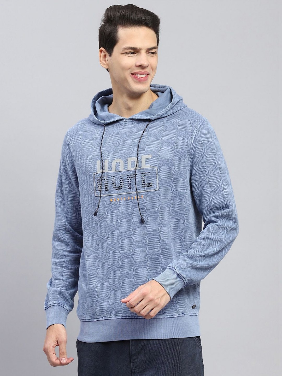 

Monte Carlo Men Typography Printed Hooded Applique T-shirt, Blue
