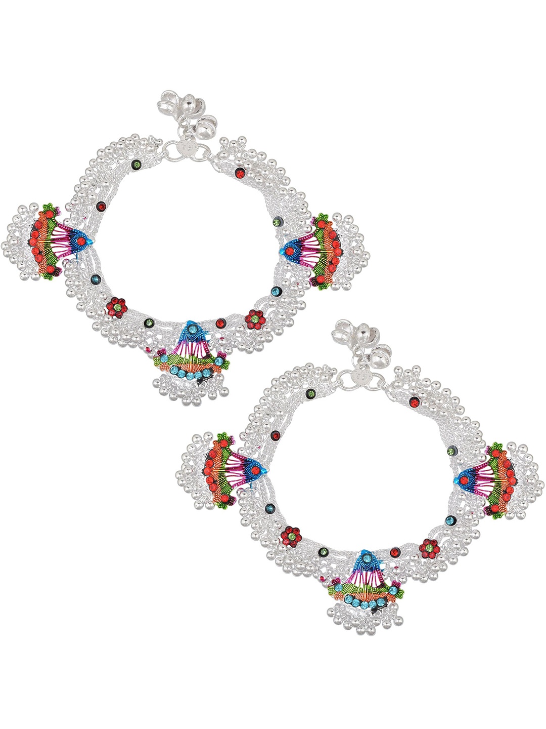 

MEMOIR Silver-Plated Stone Studded Payal Pajeb Anklets