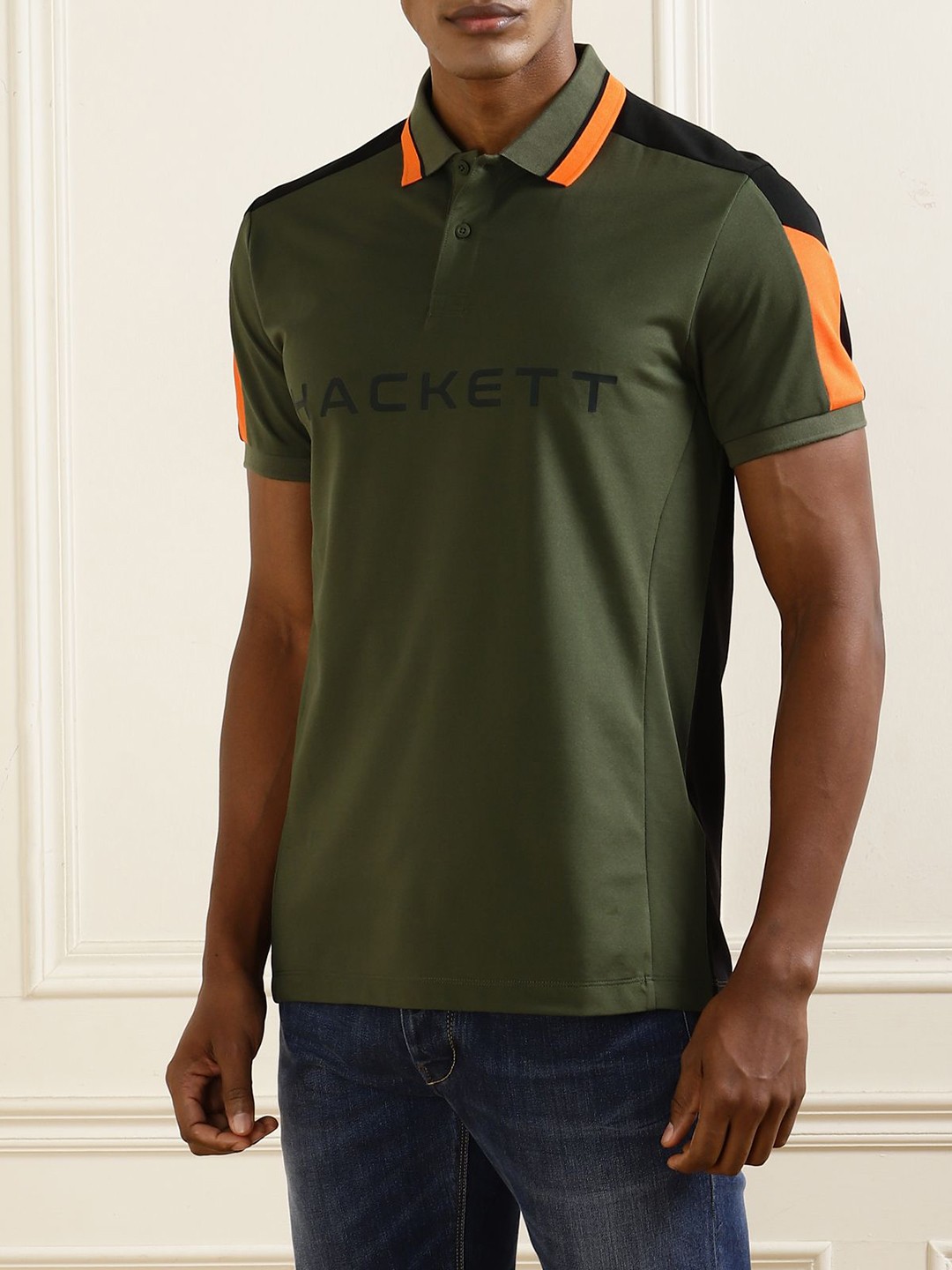 

HACKETT LONDON Men Printed Polo Collar Applique Slim Fit T-shirt, Olive