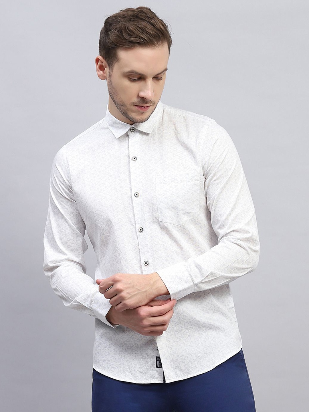 

Monte Carlo Men Spread Collar Micro Ditsy Printed Cotton Casual Shirt, White