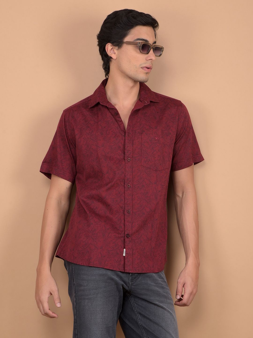 

Crimsoune Club Men Spread Collar Floral Printed Cotton Slim Fit Casual Shirt, Red