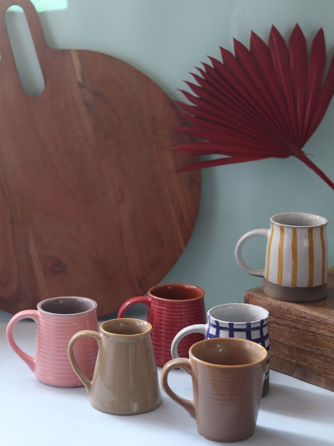 

WEAVING HOMES Brown & Pink 6 Pieces Printed Ceramic Glossy Mugs 250ml