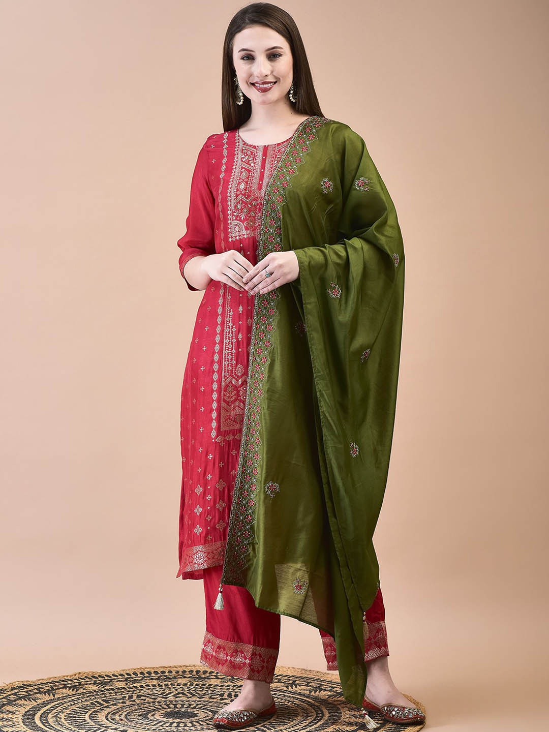 

Shree Floral Woven Design Sequinned Dola Jacquard Straight Kurta with Trousers & Dupatta, Fuchsia