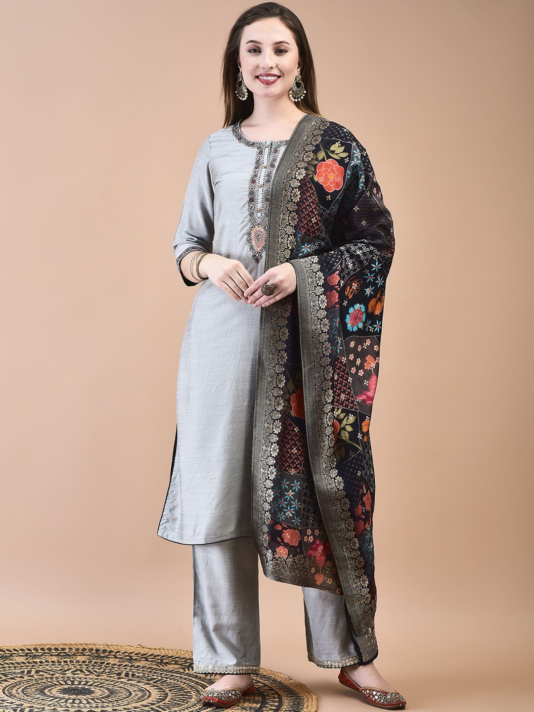 

Shree Floral Embroidered Straight Kurta with Trousers & Dupatta, Grey