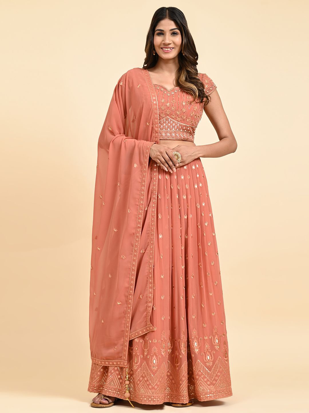 

VANAKARA Embroidered Sequinned Ready to Wear Lehenga & Blouse With Dupatta, Orange