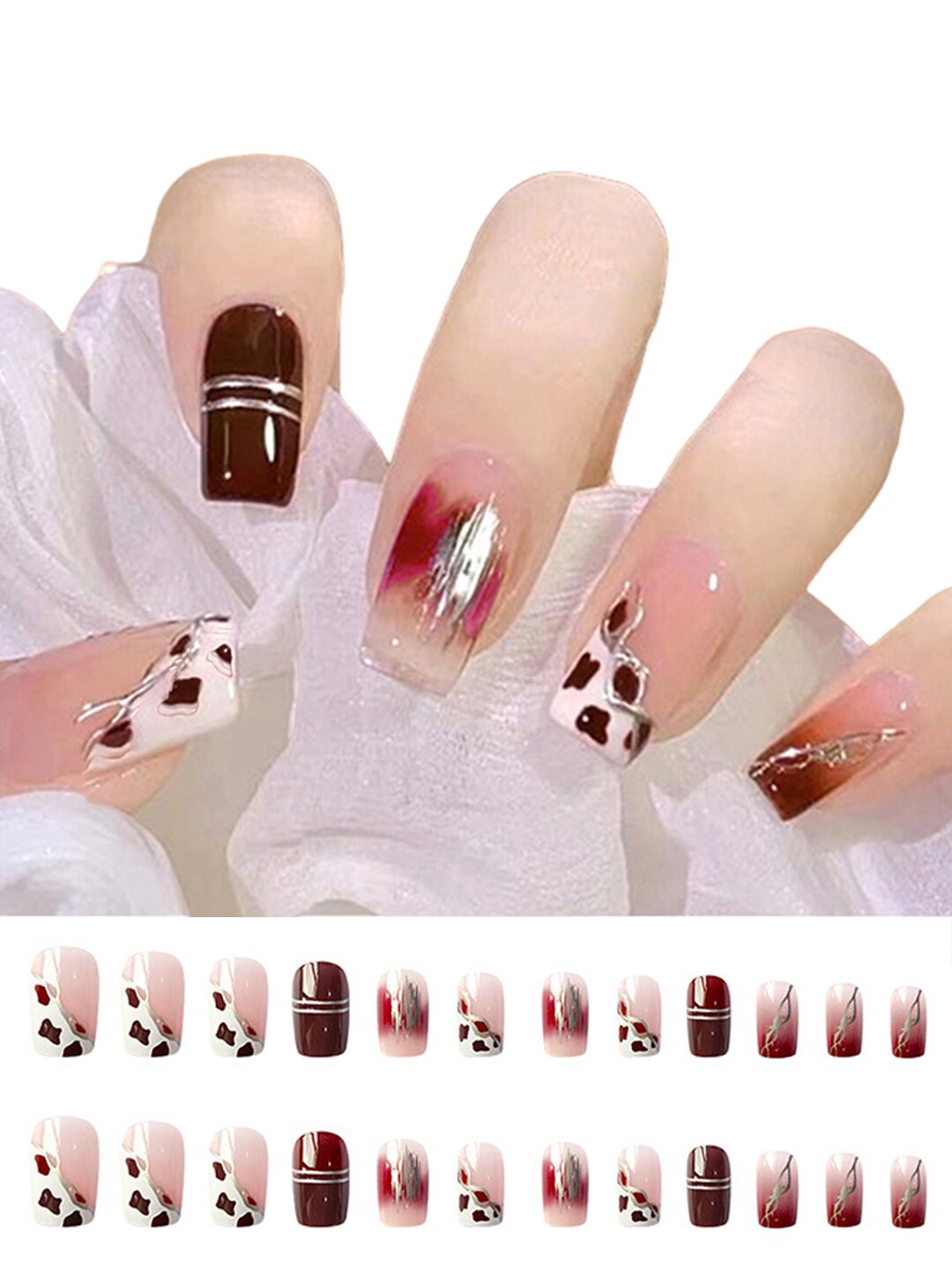 

Secret Lives 24-Pcs Translucent & Brown Cow Design Fake Nails