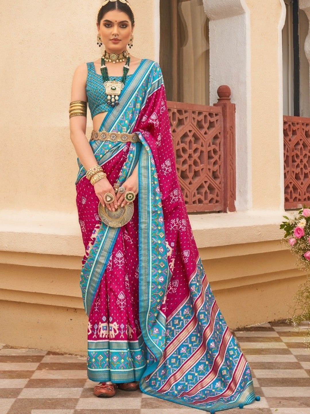 

MAHALASA Ethnic Motifs Zari Patola Saree, Pink