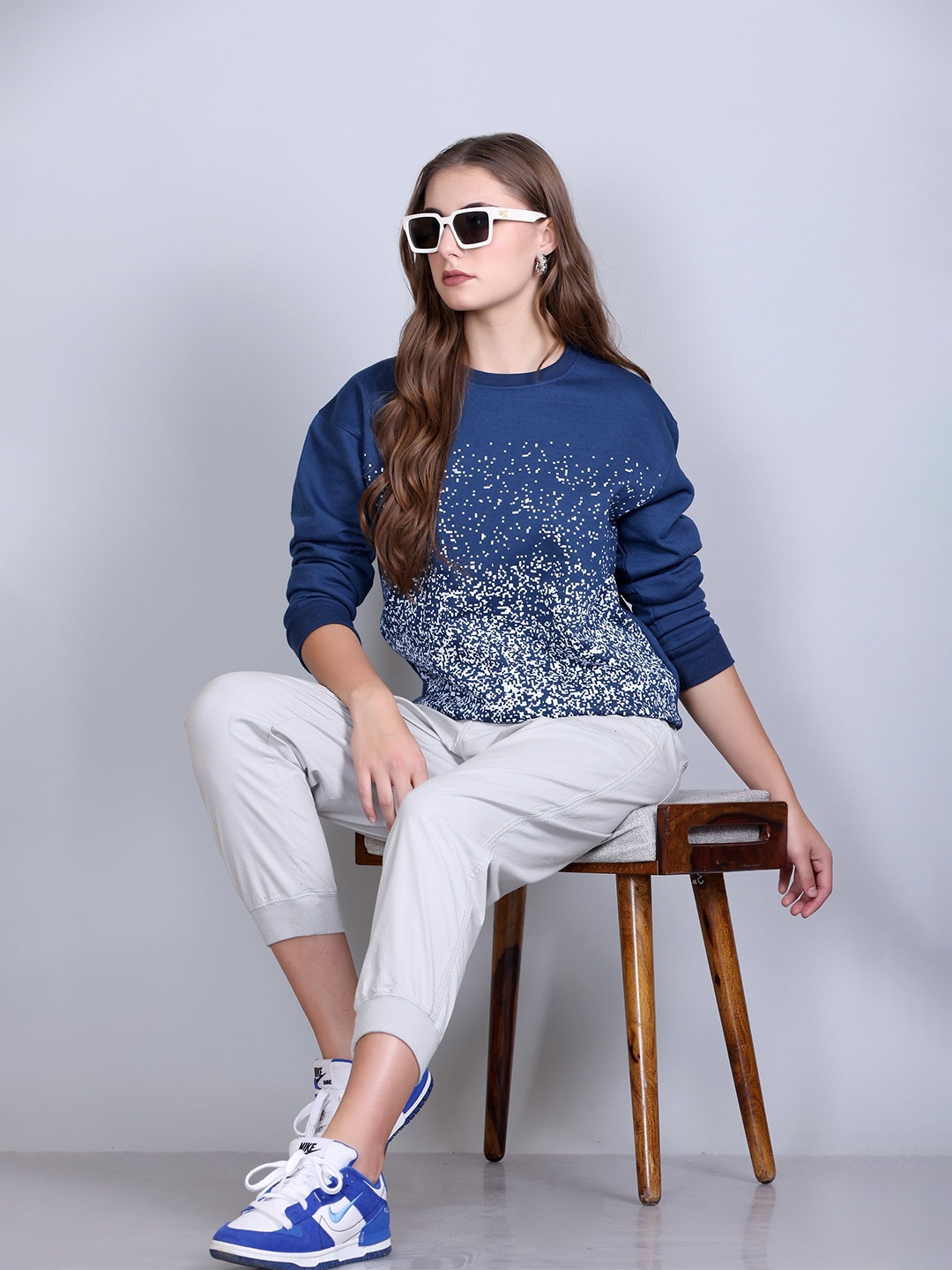 

Obaan Women Printed Round Neck Pullover Sweatshirt, Blue