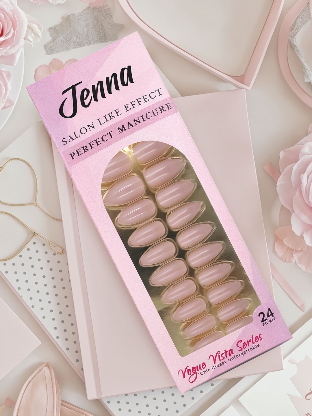

JENNA Set Of 24 French Tip Almond Shape Press On Nails - Glossy Skin, Brown