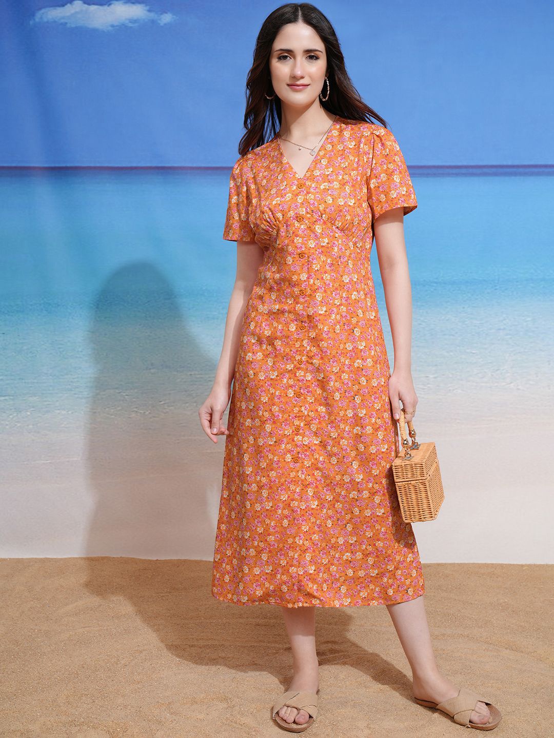 

Tokyo Talkies Women Floral Printed Fit & Flare Midi Dress, Peach