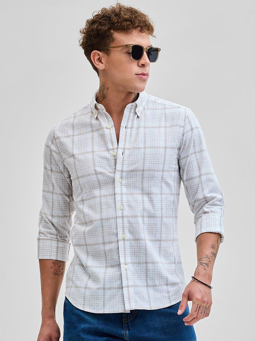 

Snitch Men Smart Button-Down Collar Tartan Checked Cotton Casual Shirt, Brown