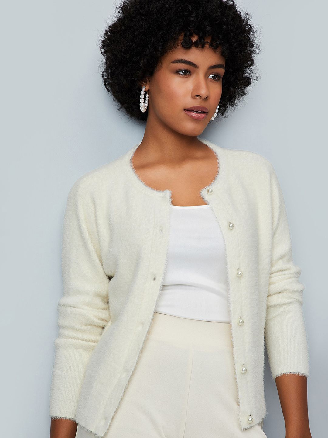 

max Women Round Neck Long Sleeves Cardigan, Beige