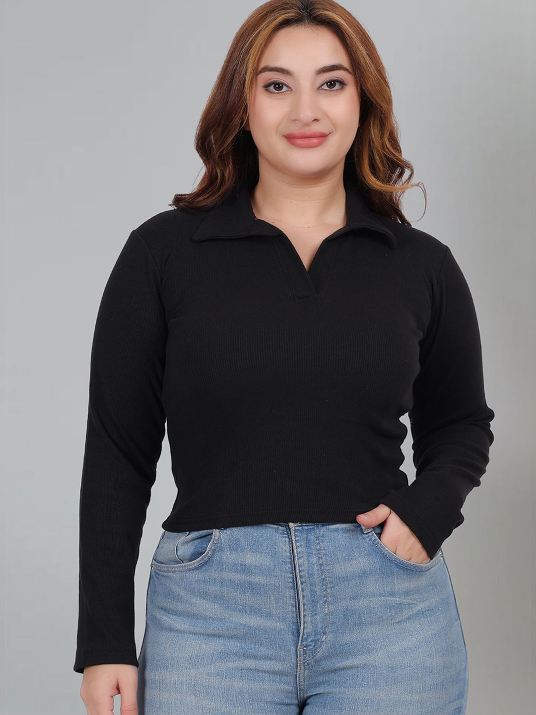 

Fabme Women Shirt Collar Cotton Top Plus Size, Black