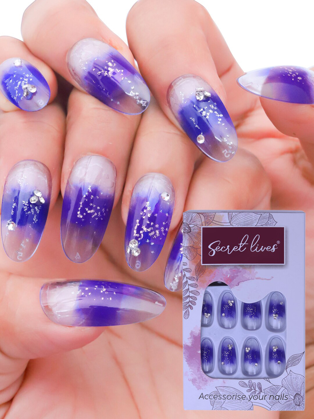 

Secret Lives 24 Pcs Transparent Studded False Nails - Blueish Purple, Blue