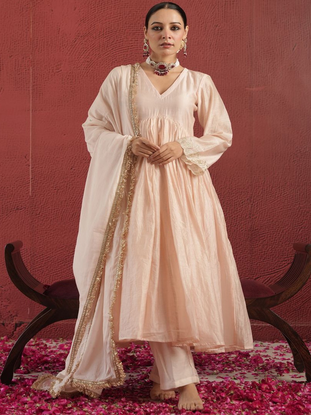 

OneWe Aari Work Pure Silk Empire Chanderi Silk Anarkali Kurta With Dhoti Pant & Dupatta, Nude