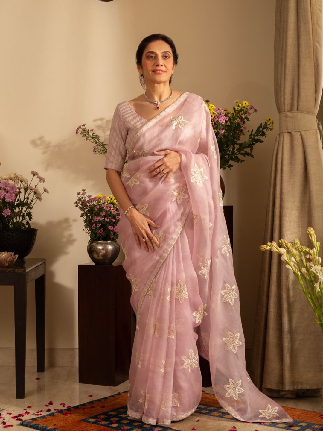 

HOUSE OF INARI Embellished Beads and Stones Organza Saree, Pink