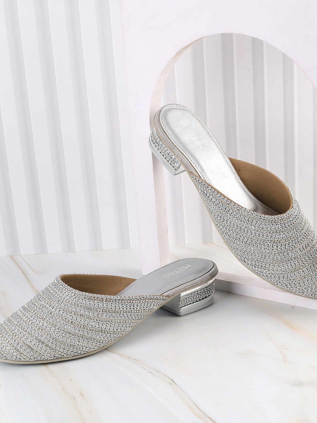 

Metro Women Round Toe Block Mules Heels, Silver