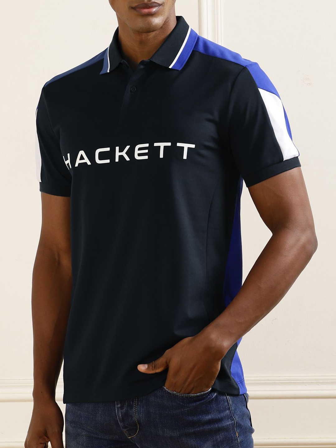 

HACKETT LONDON Men Printed Polo Collar Applique Slim Fit T-shirt, Navy blue