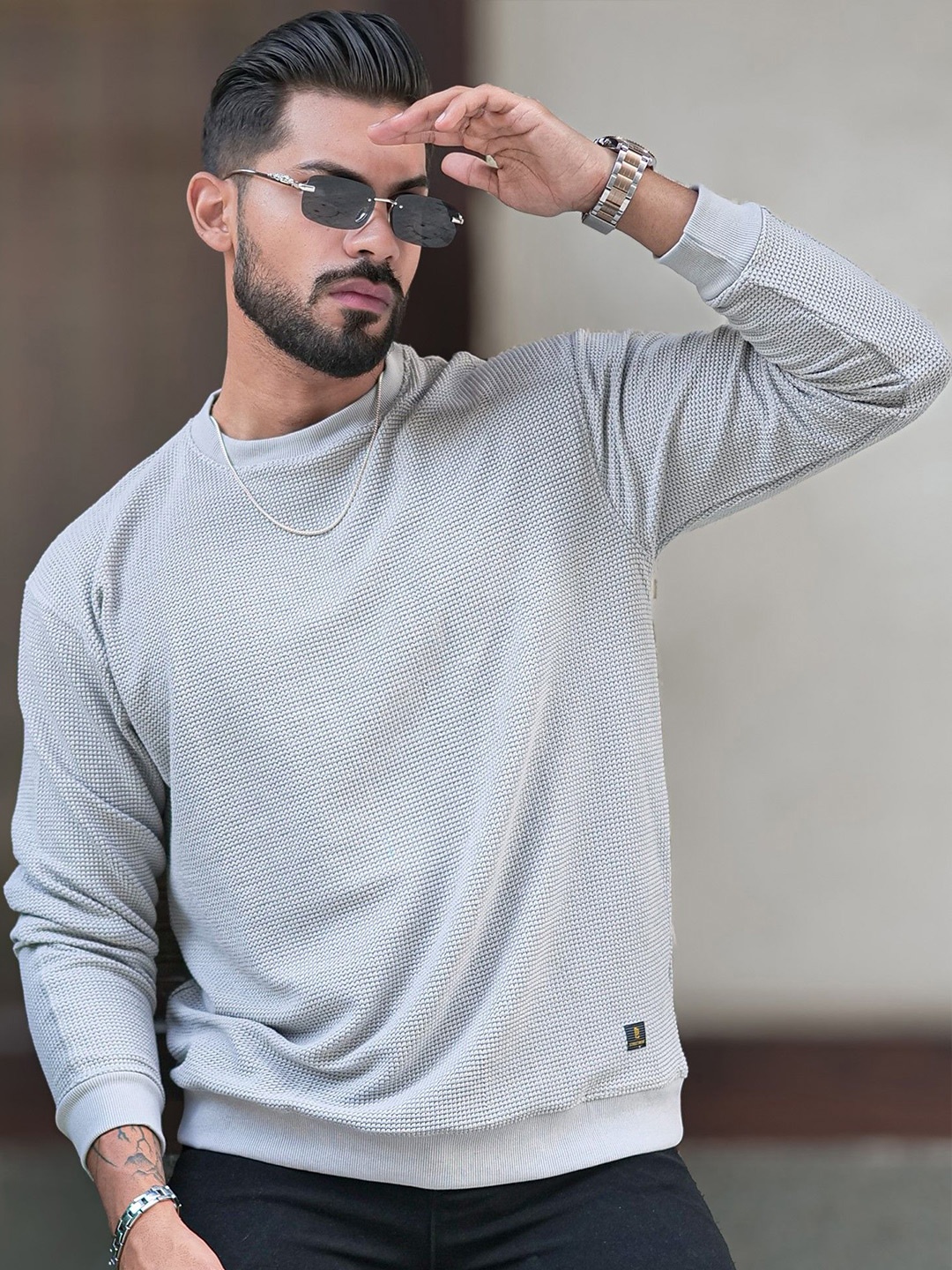 

Maniac Men Round Neck Textured Sweatshirt, Grey