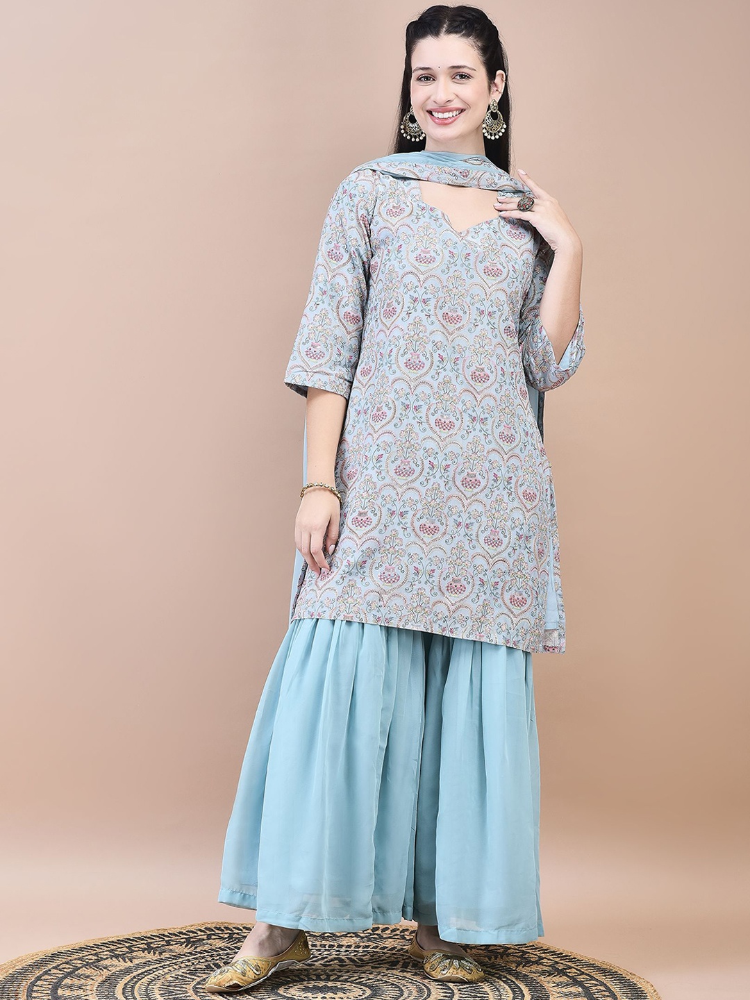 

Shree Floral Embroidered Regular Liva Straight Kurta With Sharara With Dupatta, Blue