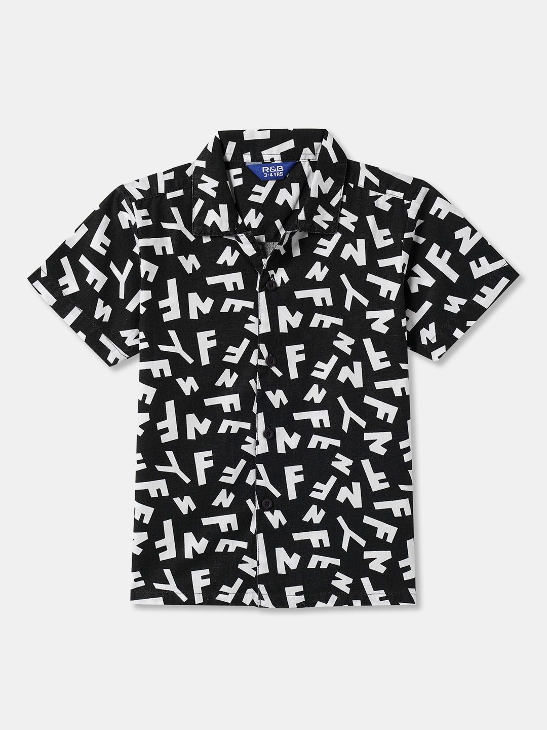 

R&B Boys Spread Collar Conversational Printed Cotton Casual Shirt, Black