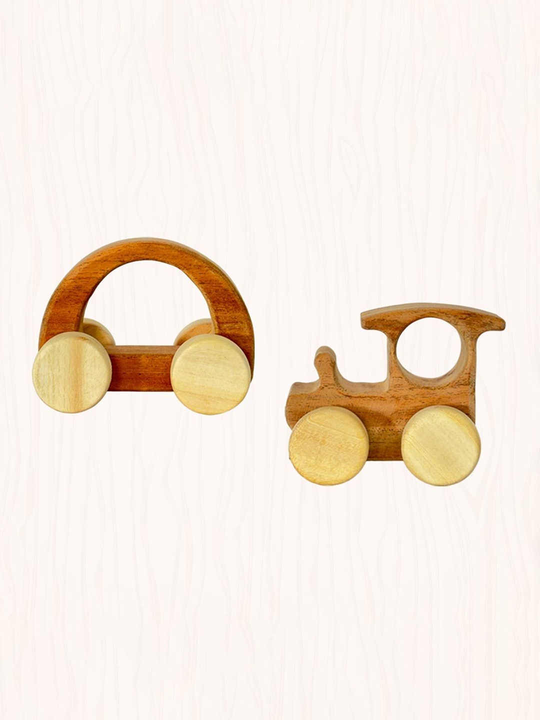 

LITTLE GINNIE Kids 2 Pcs Tractor & Nano Wooden Wheel Toys, Brown