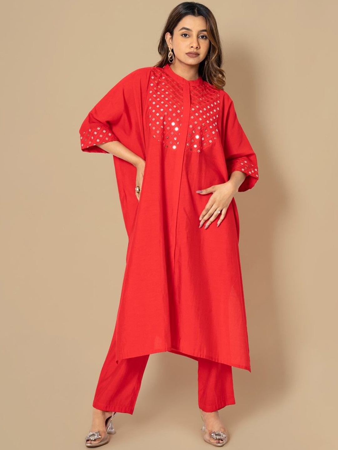 

AUTUMN LANE Geometric Yoke Design Mirror Work Cotton Silk Kaftan Kurta With Trouser, Red