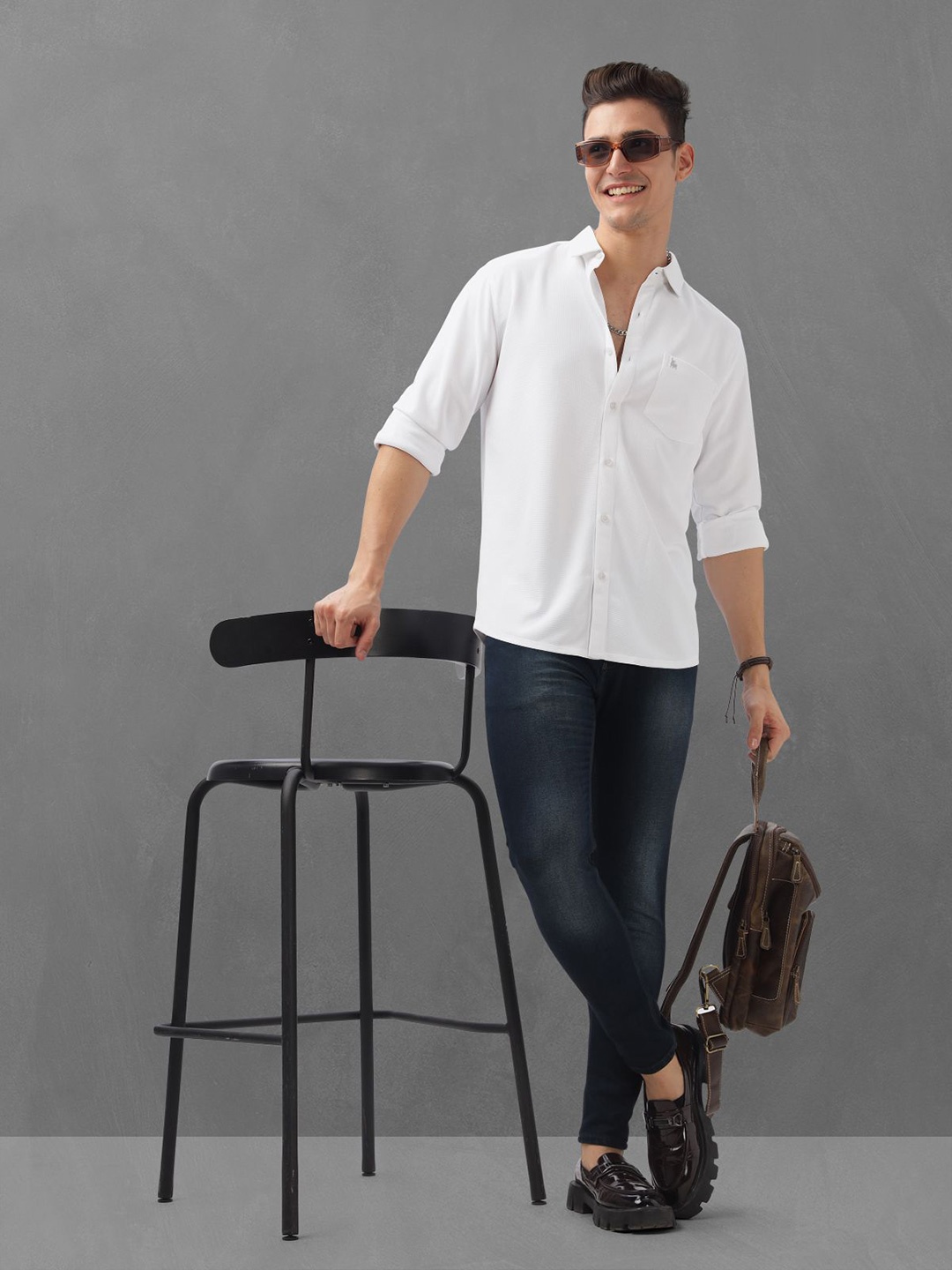 

BULLMER Men Spread Collar Textured Cotton Casual Shirt, White