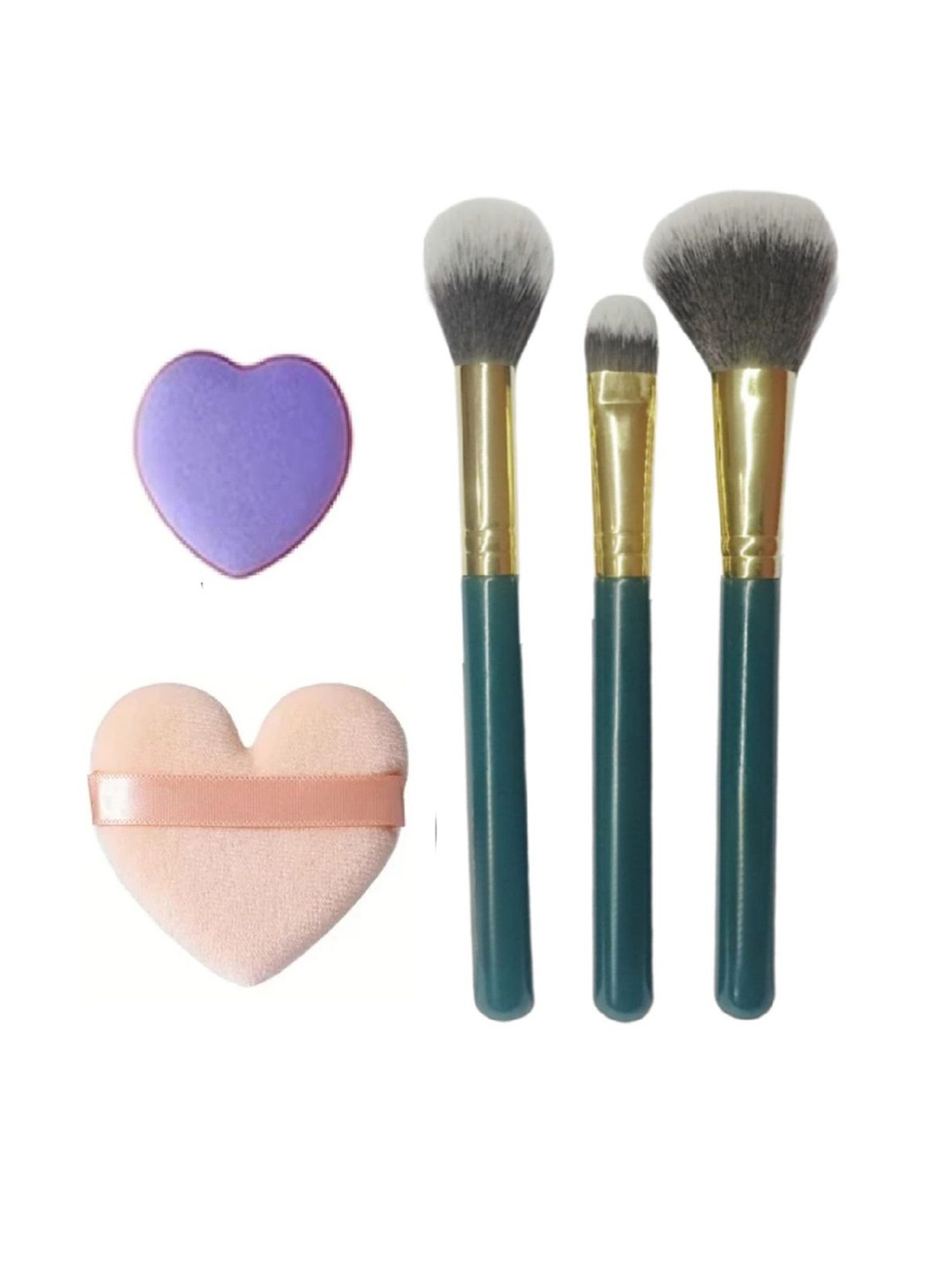 

Facejewel Set Of 3 Makeup Brushes With 2 Big & Mini Heart Puffs, Teal