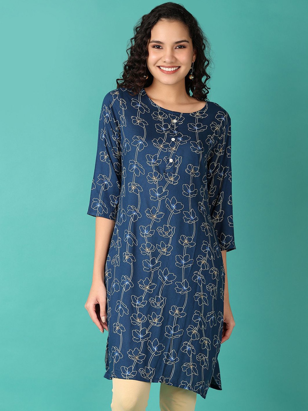 

V-Mart Floral Printed Round Neck Straight Kurta, Blue