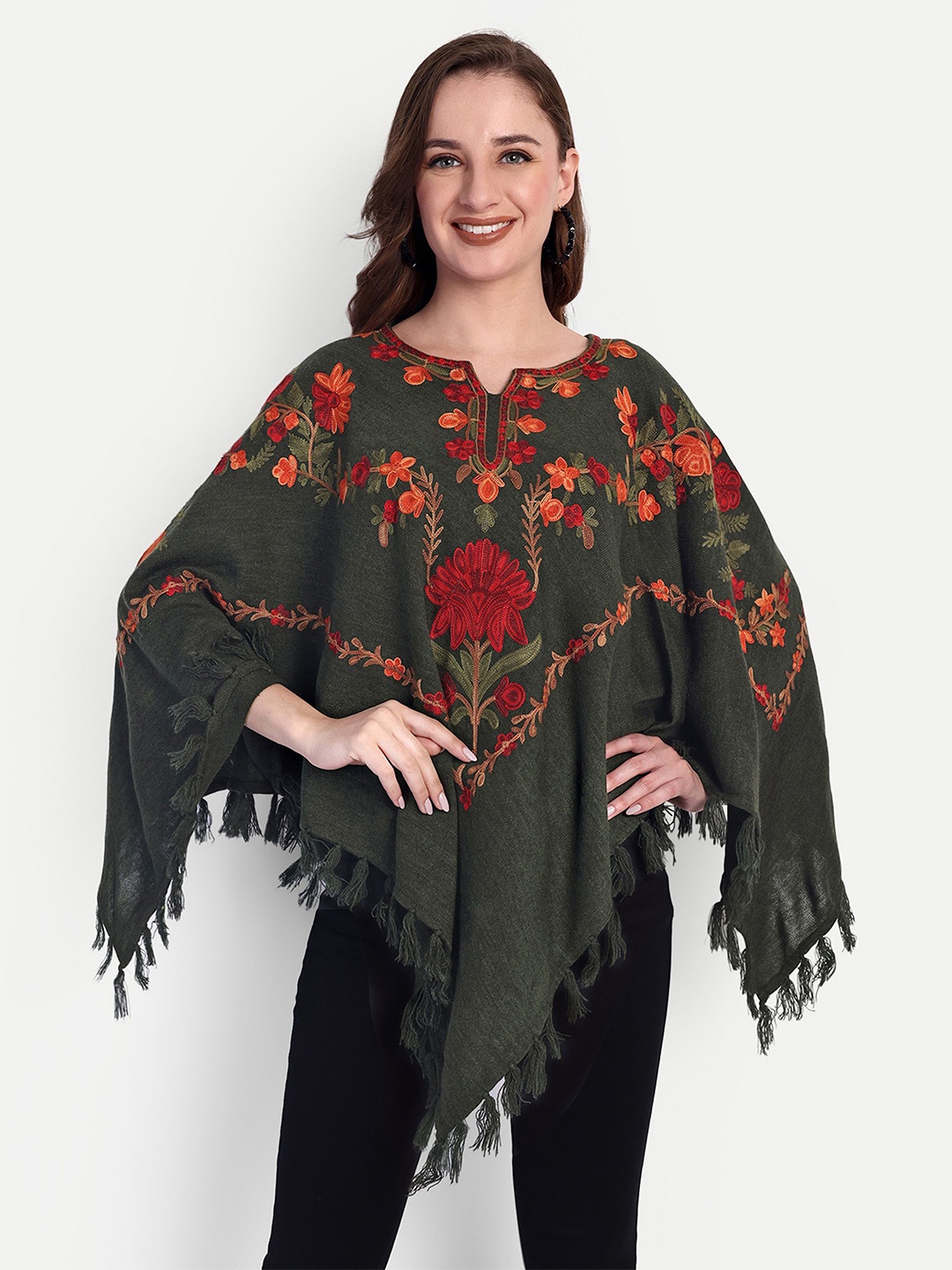 

HAUTEMODA Women Floral Embroidered Woollen Poncho, Green