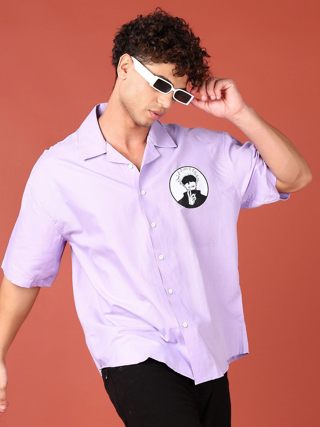 

V-Mart Men Spread Collar Graphic Printed Cotton Casual Shirt, Lavender