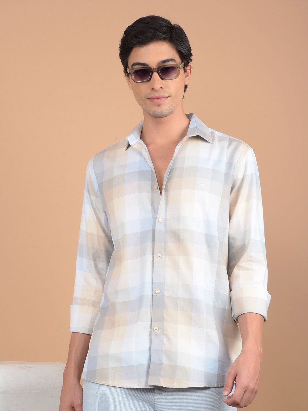 

Crimsoune Club Men Spread Collar Checked Cotton Slim Fit Casual Shirt, Blue