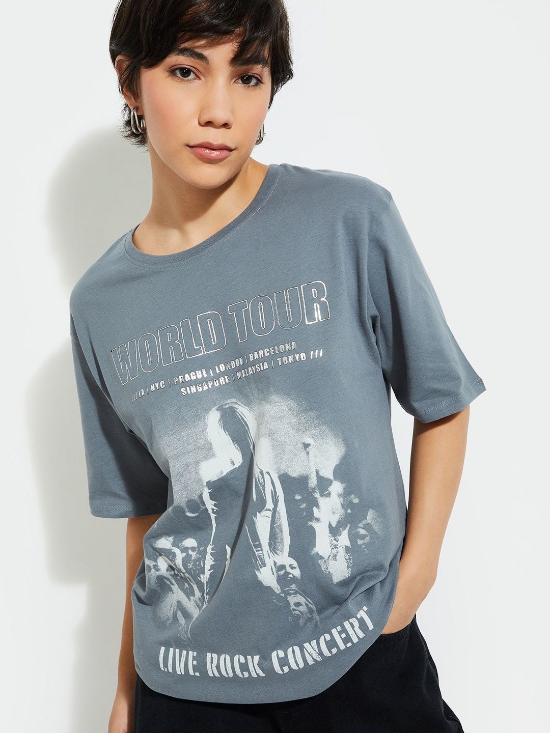 

max URB_N Women Graphic Print Oversized T-shirt, Grey