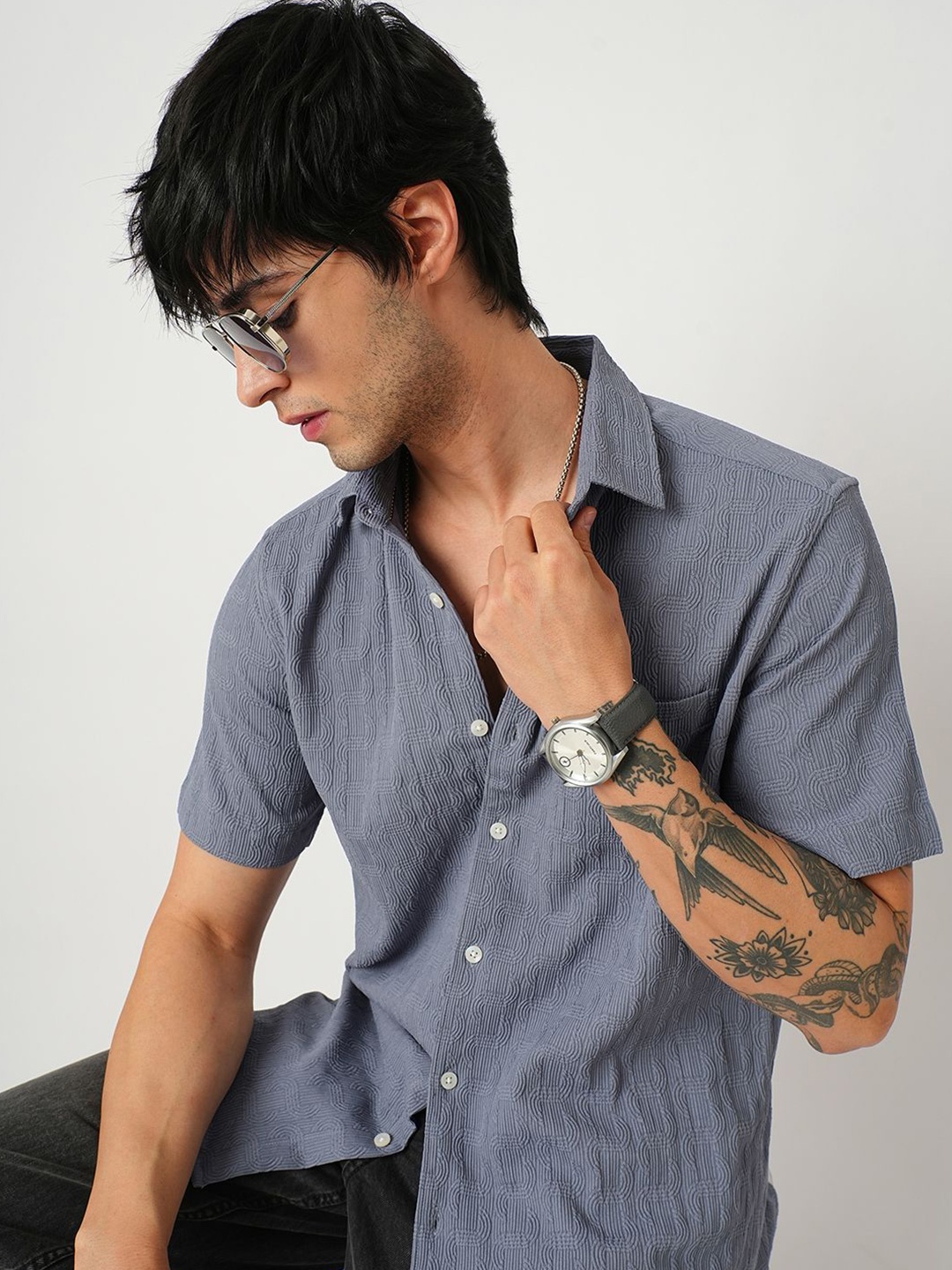 

VASTRADO Men Classic Spread Collar Textured Slim Fit Casual Shirt, Grey