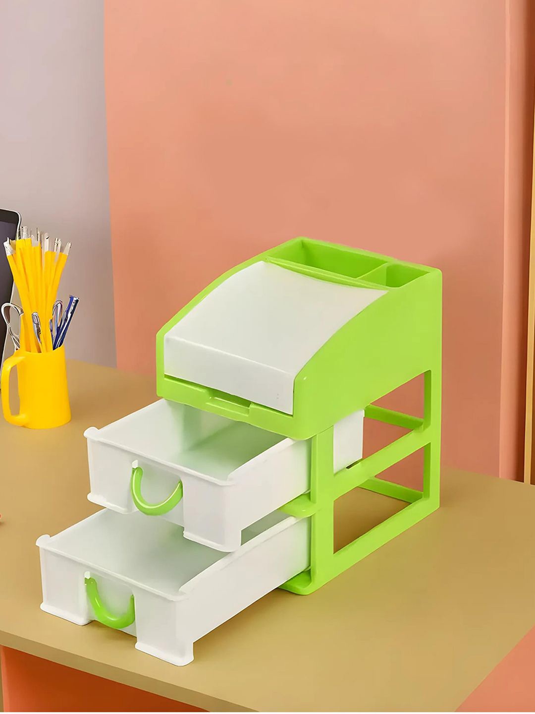 

Kuber Industries Green & White 2 Pieces Reusable 3-Tier Desk Study Drawer Organiser