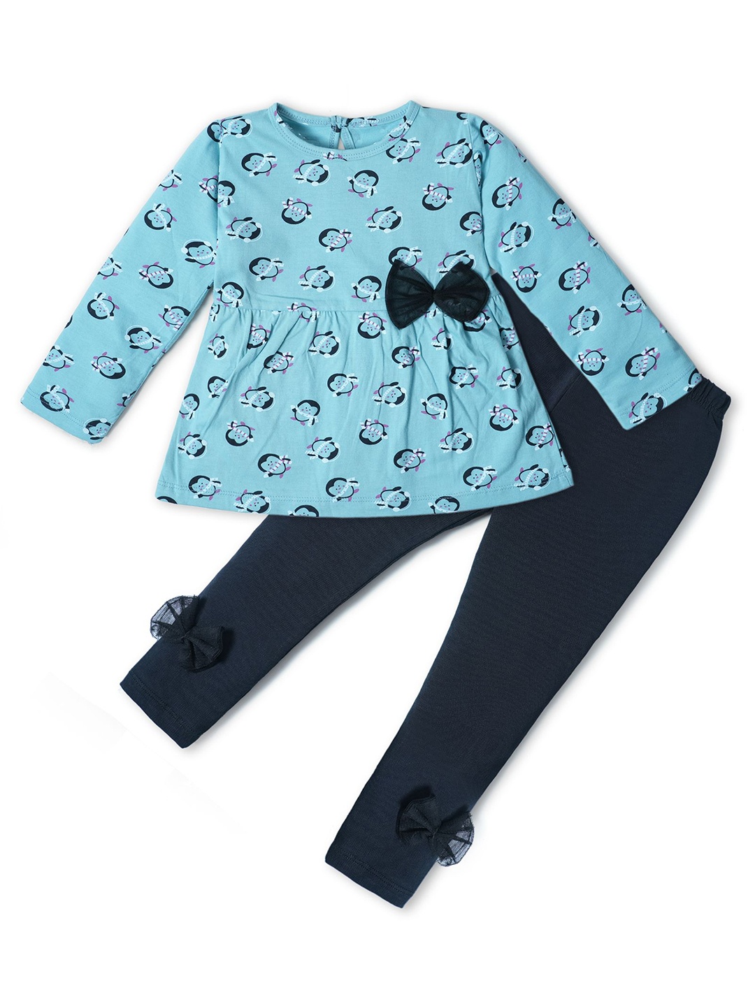 

Nino Togs Girls Printed Cotton Top with Leggings with Bow, Turquoise blue